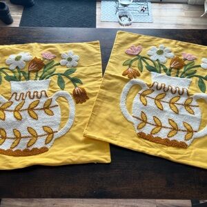 2 Yellow Floral Embroidered Pillow Covers